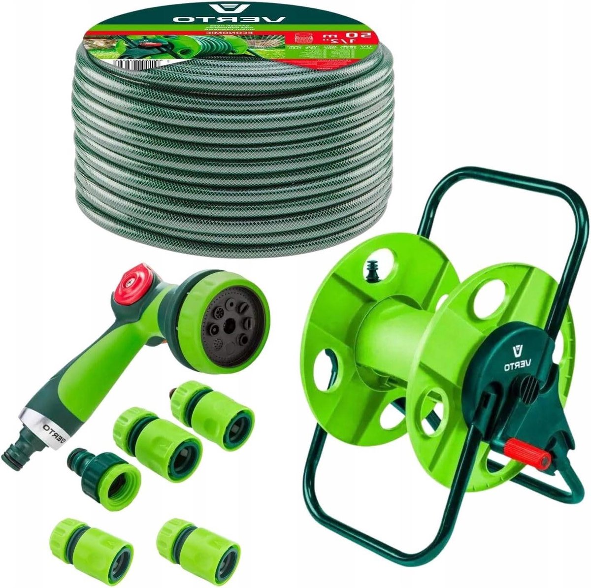 Tuinirrigatie Set - Slangwagen Compleet - Gazon Water Geven - 8 Functie Sproeier - 50 Meter Slang - Groen