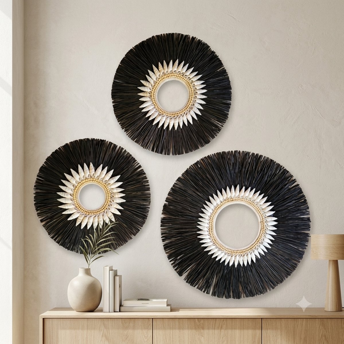 Set van 3 schelpen muurhangers - Wanddecoratie met Schelpen – Handgemaakt op Bali – Boho Ibiza Stijl Muurdecoratie - Zwart wit Chique