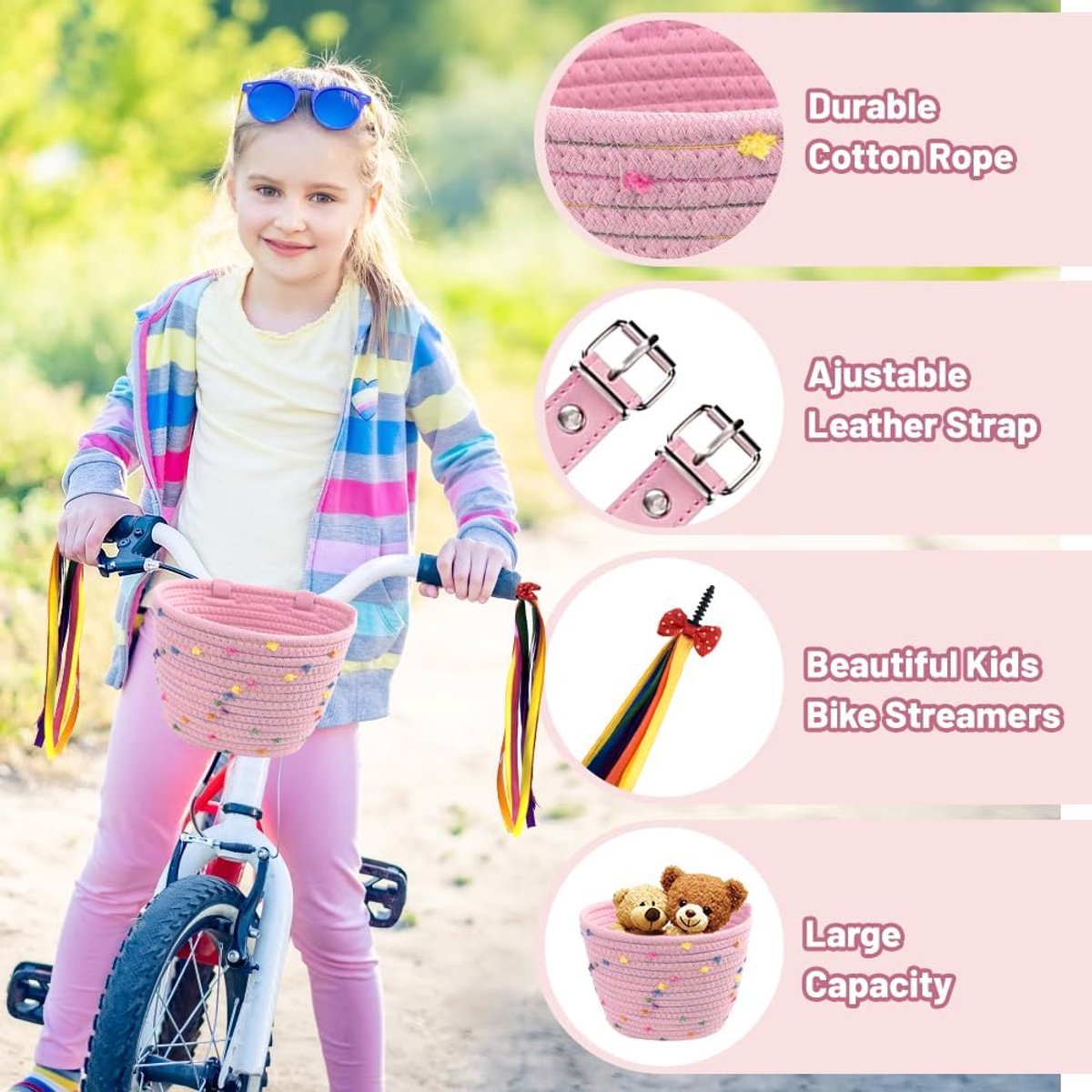 Kinder Fietsmand - Meisjes Mand - Spullen Vervoeren - Inclusief Stuurstreamers - 22.5 x 16.5 cm - Roze