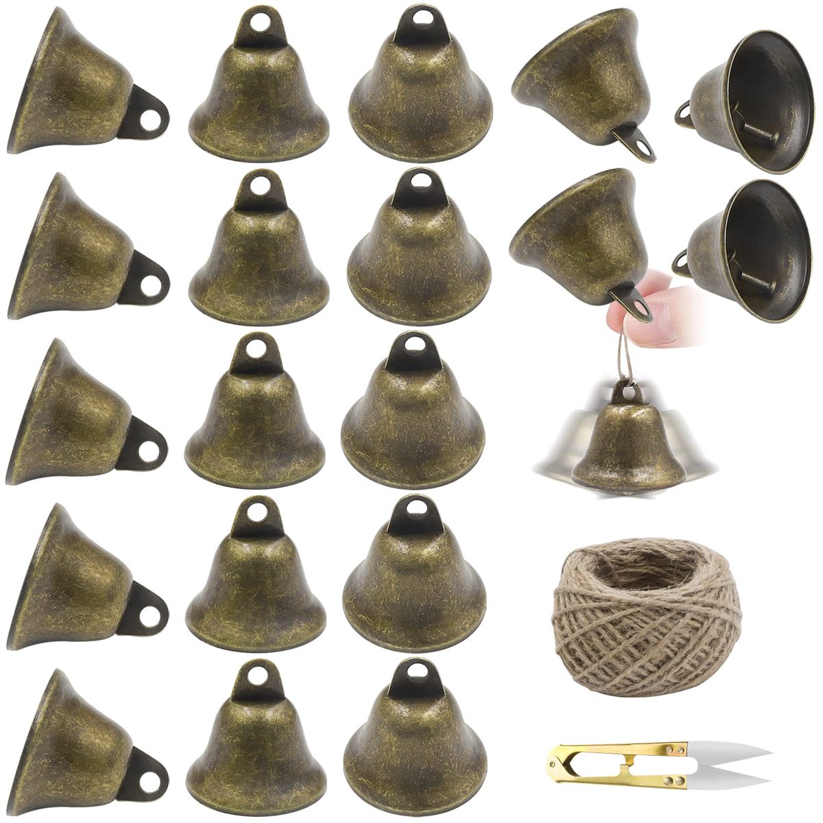 20 stuks bel, vintage bel, voor thuisdecor, windspellen, bruiloften, kerstbelen, hondentraining, met 1 stuk henneptouw en 1 kleine schaar