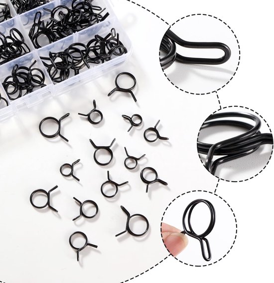 150 stuks 5-14 mm brandstofslangveerklemmen, brandstofleidingslangklemmen, assortiment slangklemmen voor slangklemmen met enkele draad, voor motorfiets, scooter, ATV (10 maten, zwart) — afbeelding 4