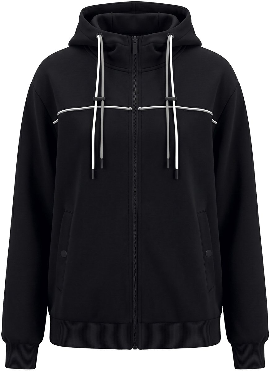 Ulla Popken - Dames - Sweatvest biesjes capuchon lange mouwen duimgat - Zwart - Maat 46+