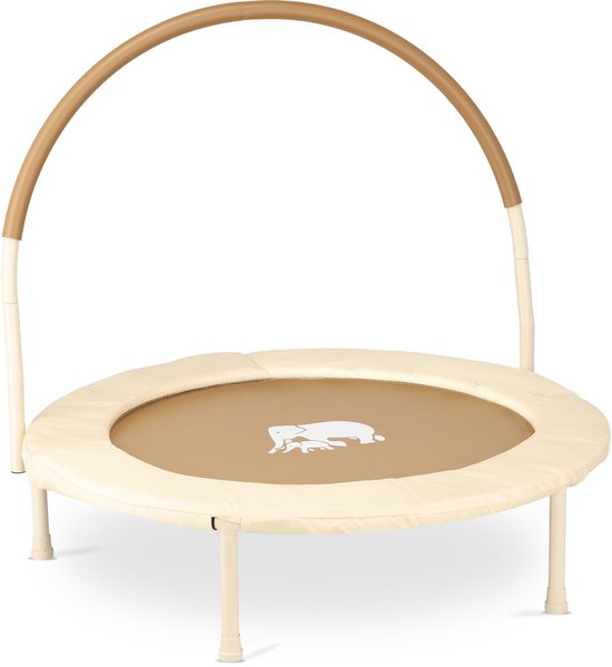 Trampoline enfant Deryan beige de 92cm avec arceau de sécurité beige et une illustration blanche d'un chien sur le tapis de saut.