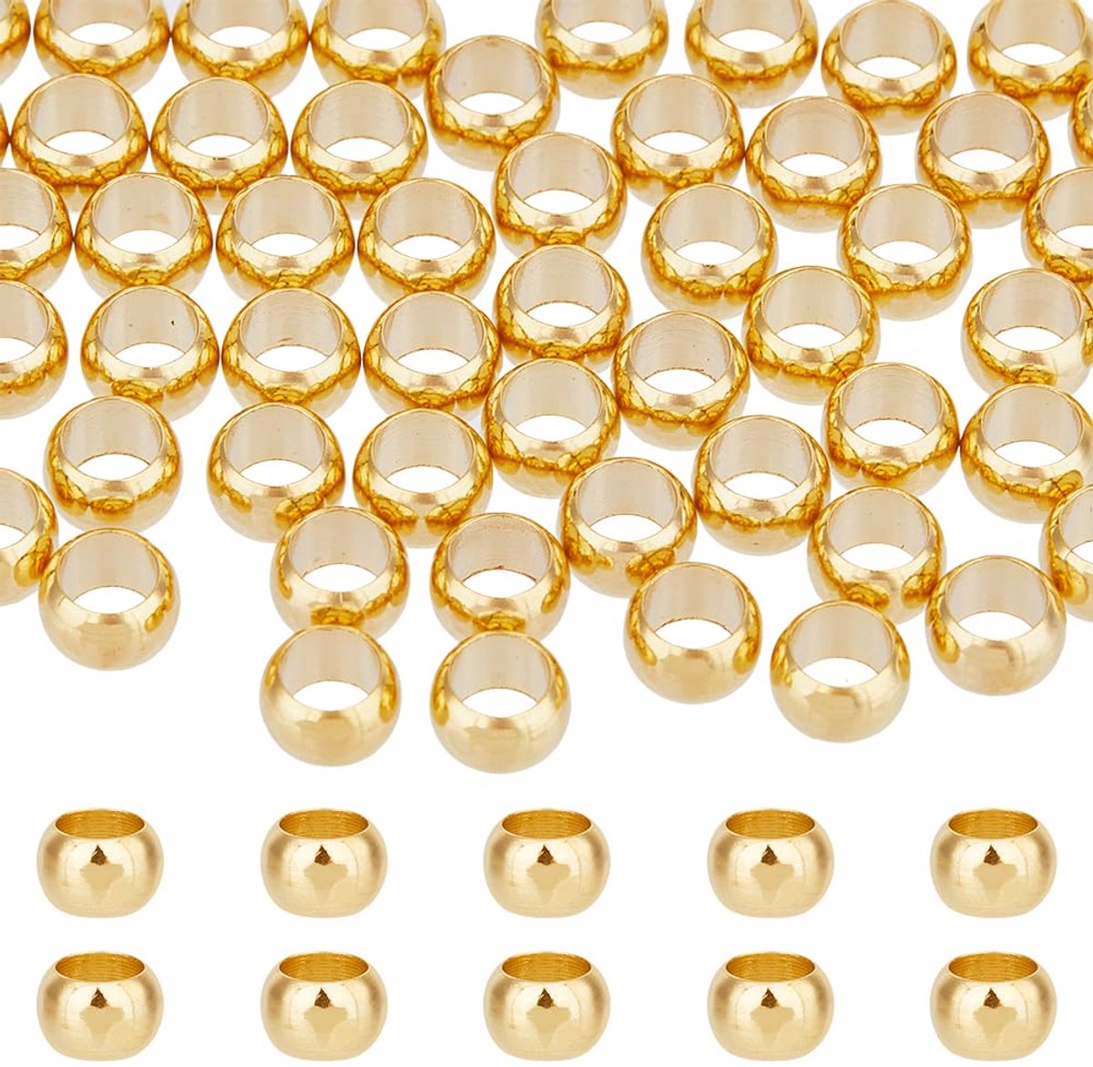 100 stuks 24K vergulde ronde bolkralen met groot gat, 5,5 x 4 mm, Messing, Goud, Ronde, Kolommetalen, CRAFT_BEAD