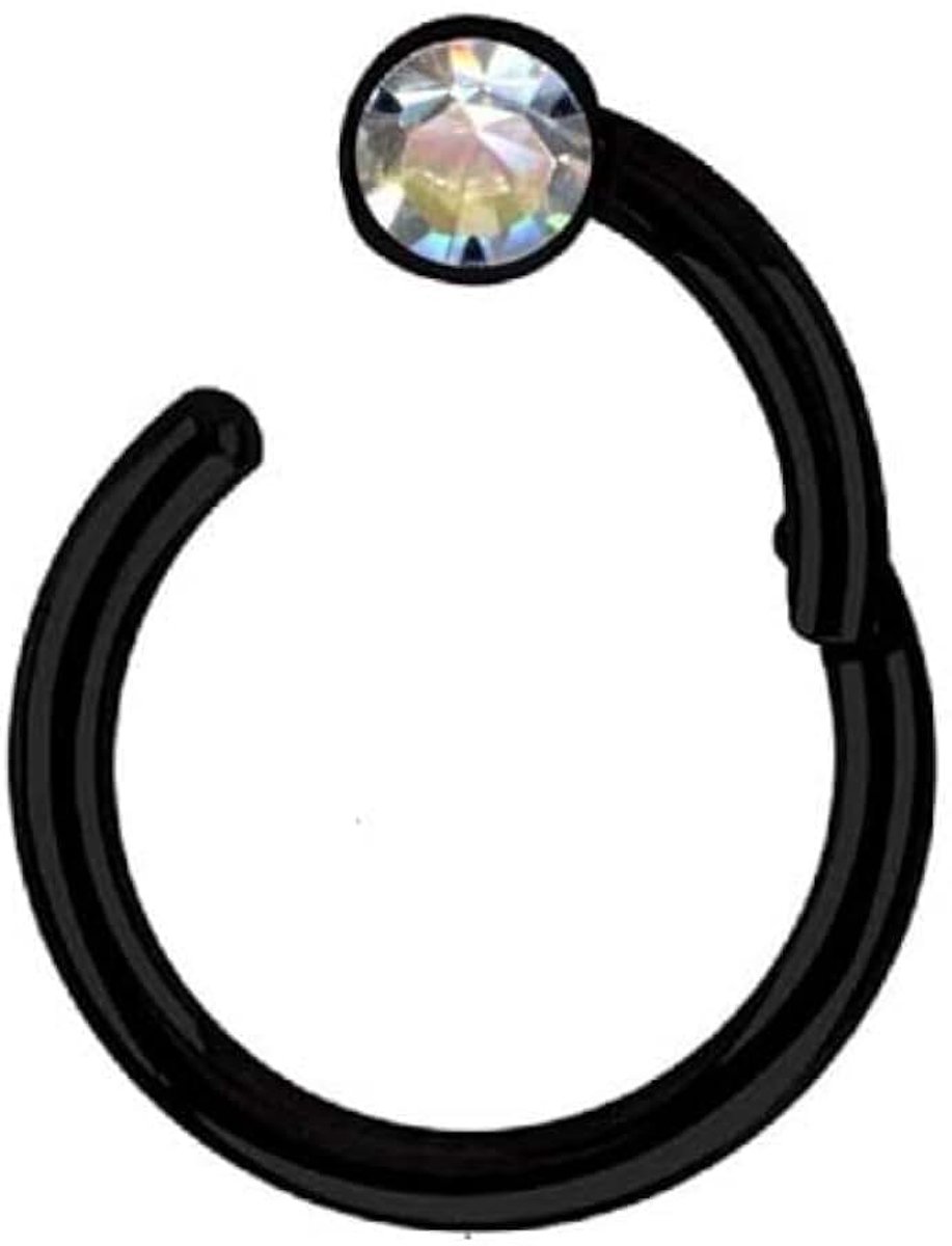 zwart segmentring piercing ring scharnier septum neus oor helix wit stras piercingring klicker CHIRURGENSTAAL 316L roestvrij staal 1 echte zirkoon kristal wit helder (1,6 mm x 10 mm)