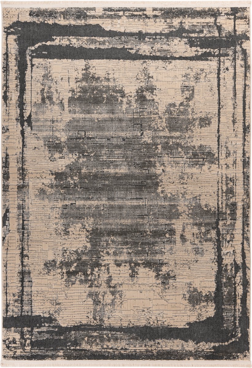 Padiro laagpolig vloerkleed 80 x 150 cm - grijs - vintage-look - met franjes - geschikt voor vloerverwarming - van polypropyleen