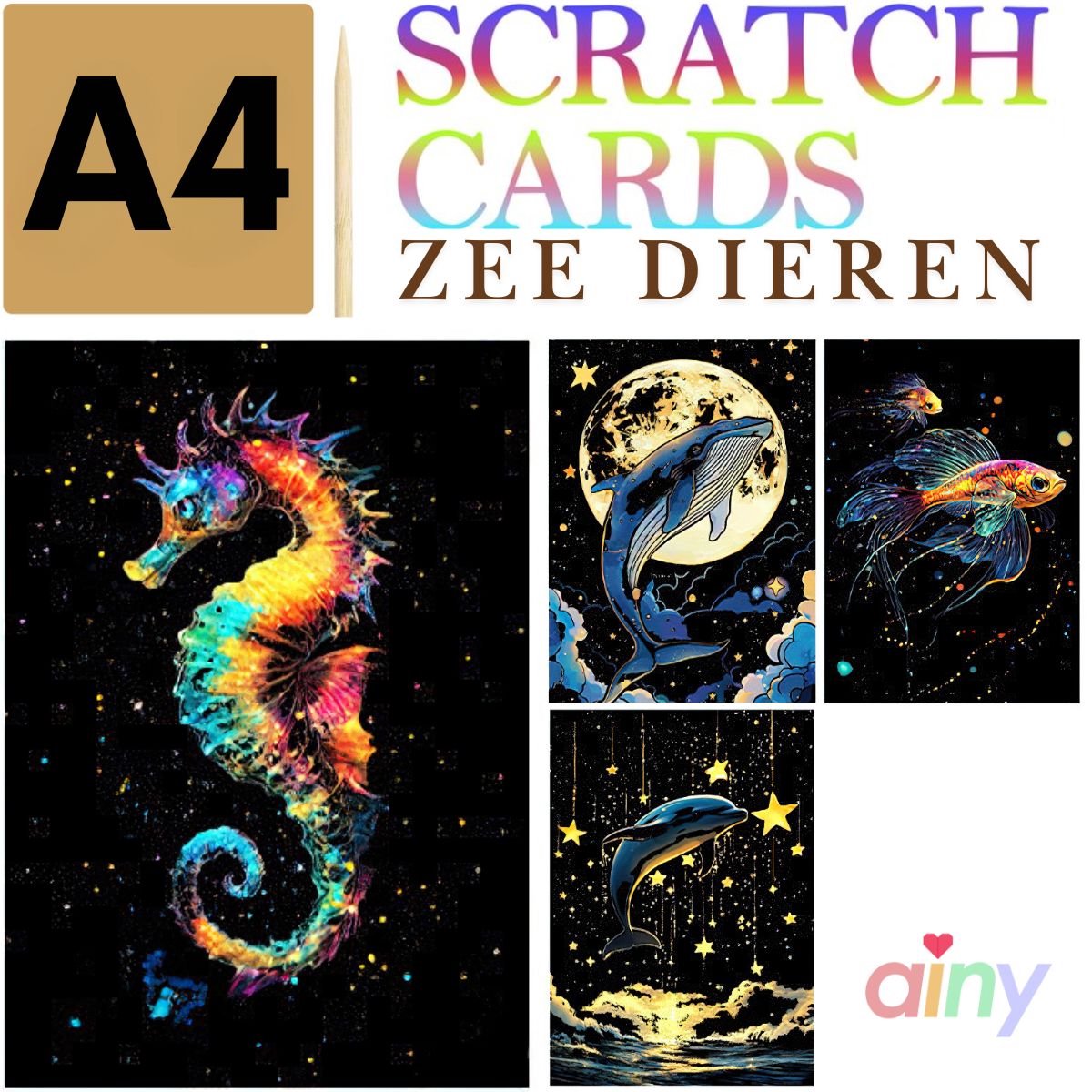 Ainy - Glow in the Dark Scratch Art Zee Dieren (A5) | 4 krastekening incl kras pen | Kras tekeningen | Schilderen op kleuren kunst kraskaart | hobby & creatief voor volwassenen en kinderen ( meisjes ) | Knutselen - DIY ontspanningspakket
