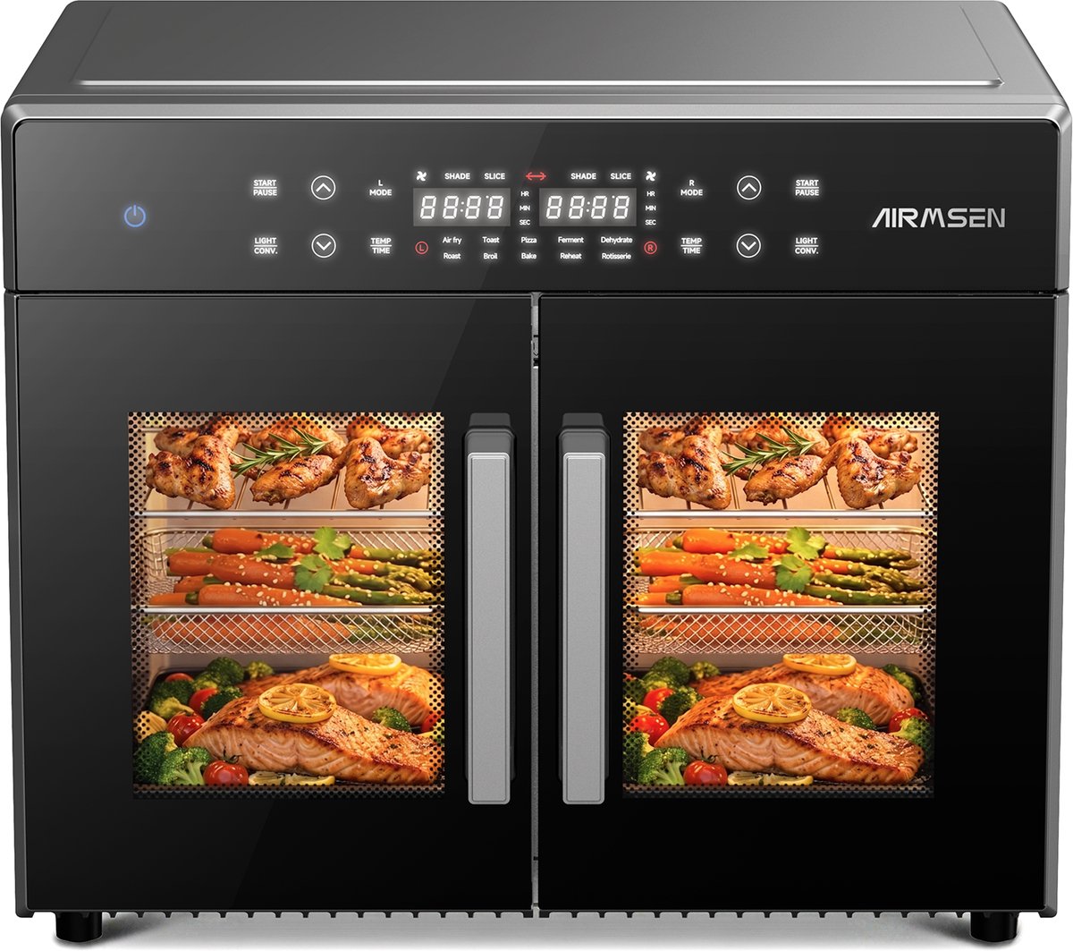 AIRMSEN XXL Airfryer en Oven - 30L - 1800W - All-in-One 10-in-1 - Onafhankelijke Dual Zone - Touchscreen - Dubbele Deur - Zwart