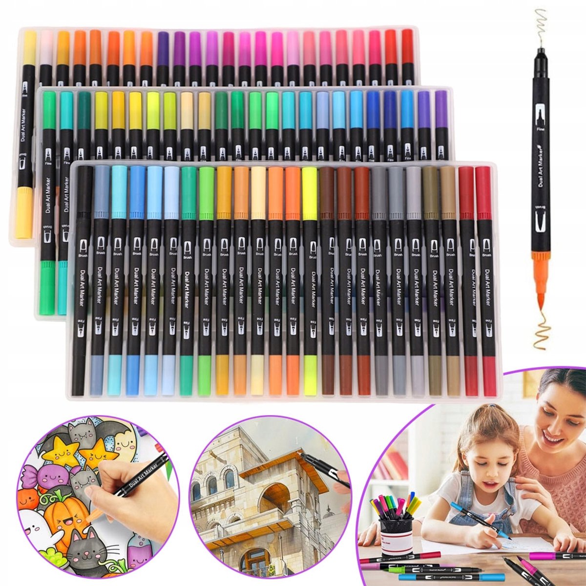 Set Van 100 Aquarel Markers Met Dubbele Punt - Fijne En Penseelpunt Niet-Giftig Sneldrogend Inclusief Handige Opbergdoos - Essentiële Schoolbenodigdheden Voor Schilderen, Schetsen En Illustreren