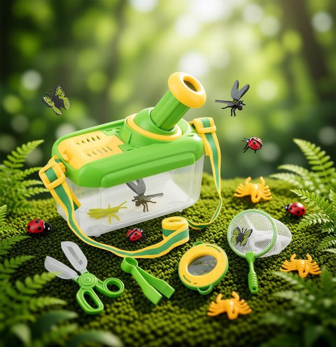 Onderzoekersset voor kinderen vanaf 4 jaar - Ontdekkersset met insectenobservatiebox, vergrootglas, insectenvanger, 12 nepinsecten en vlindernet - Cadeau voor jongens en meisjes - Groen