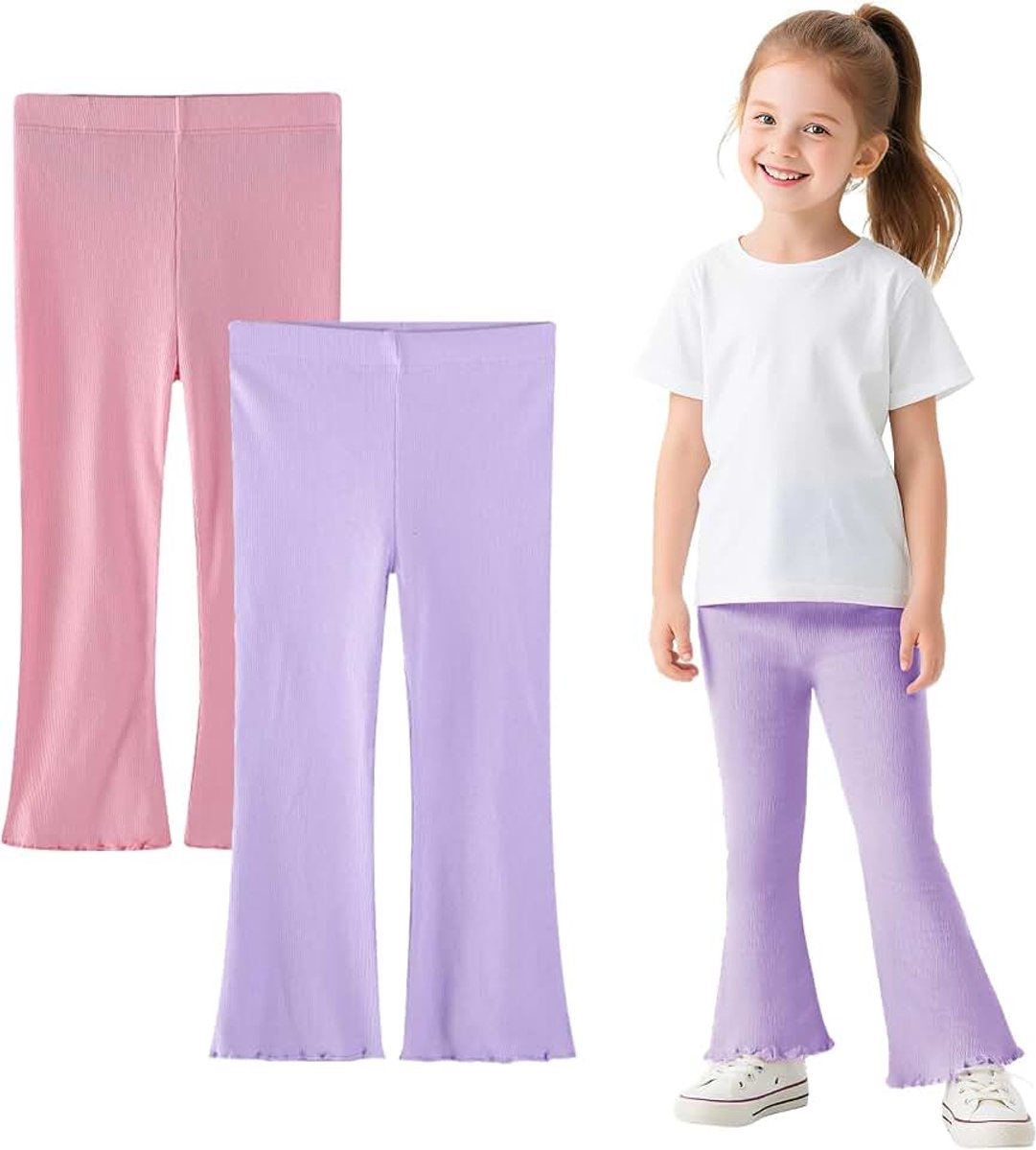 Meisjeslegging van katoen, stretch, ademend, flared broek, 2-pack, kinderen, zachte flared yogabroek, dansbroek, effen, bootcut broek, lange legging, maat 92-122, 2-7 jaar