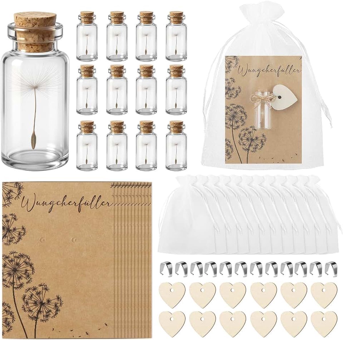12 stuks kleine wensvullers, paardenbloemen in glas, geluksbrenger, klein met wenskaart, gaaszak, henneptouw, bedankje, cadeau voor verjaardag, communie, bruiloft, Kerstmis