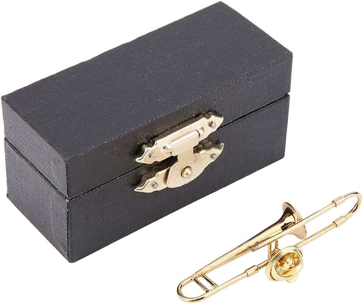 Muziekinstrument broche, trombone broche unieke mini vergulde geschenkbroche met doos voor verjaardagscadeau, Valentijnsdagcadeau (trombone)