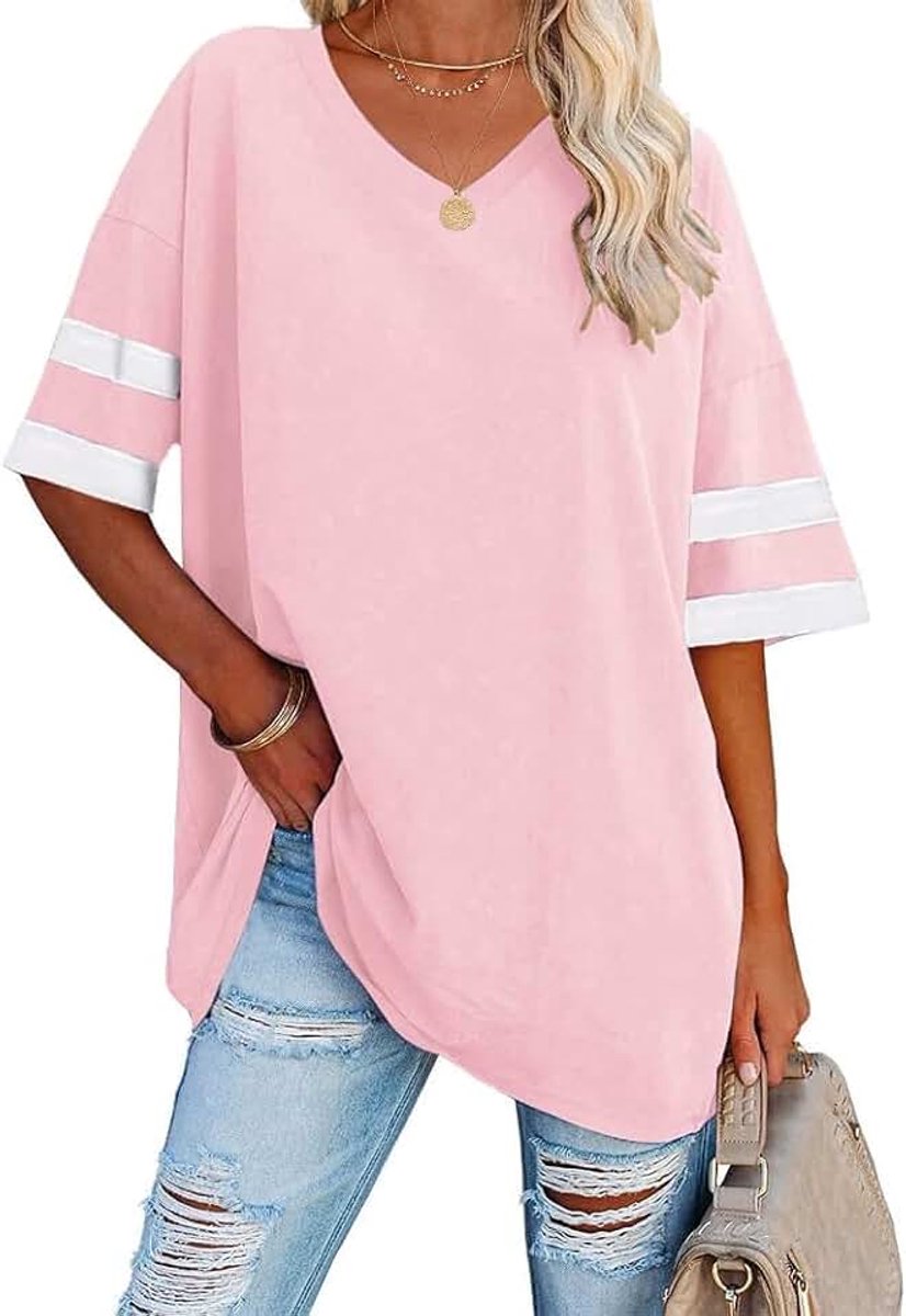 T-shirt, oversized, voor dames, met V-hals en korte mouwen, casual, los, basic, zomer-T-shirt, blouse