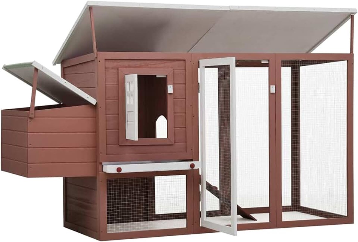 Kippenhok voor buiten van hout bruin met een huis van Cova 202 x 75 x 98 cm, kooi voor gevogelte voor buiten, tuin van hout, kippenhok met Cova