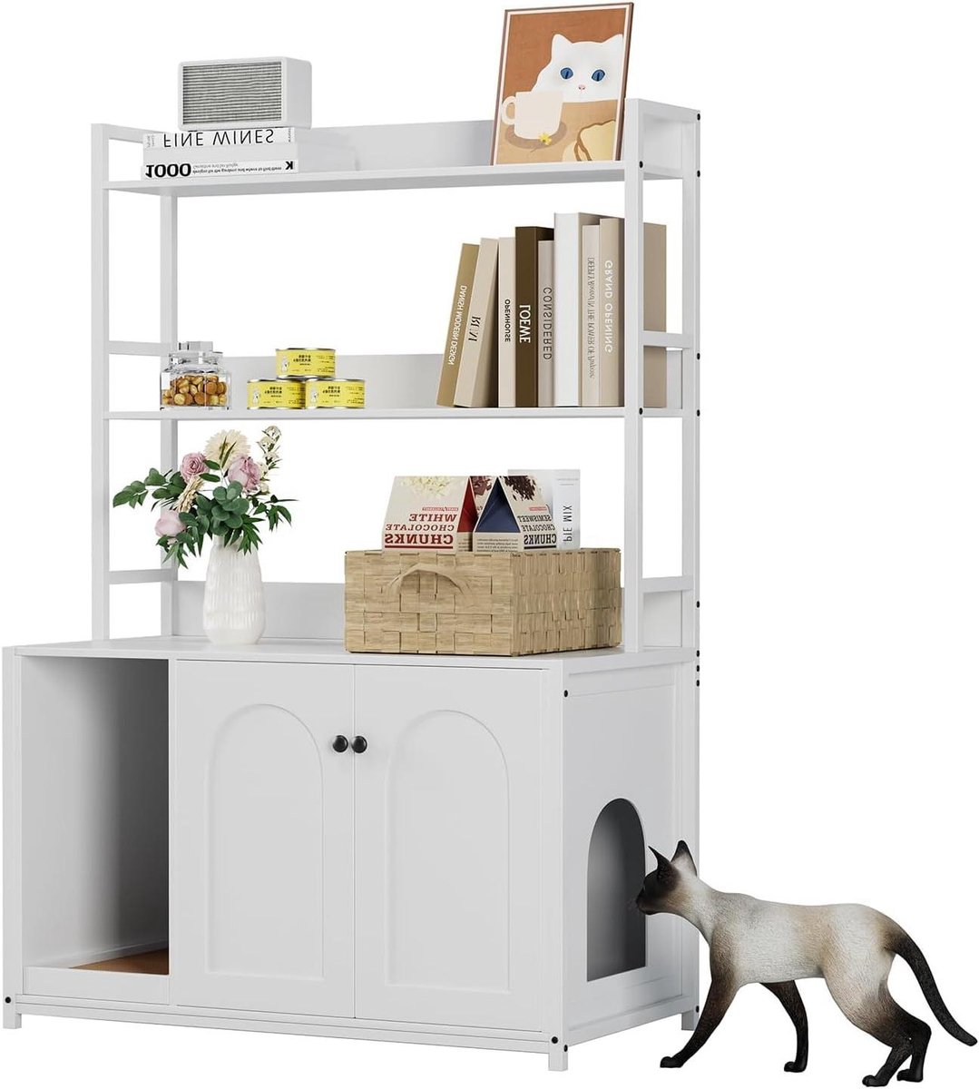 Kattenbakmeubel met Opbergruimte - Kattenhuis Kattenbak - Kattenbak Verbergen - Zij-ingang en Werkblad - 132 x 45 x 90 cm