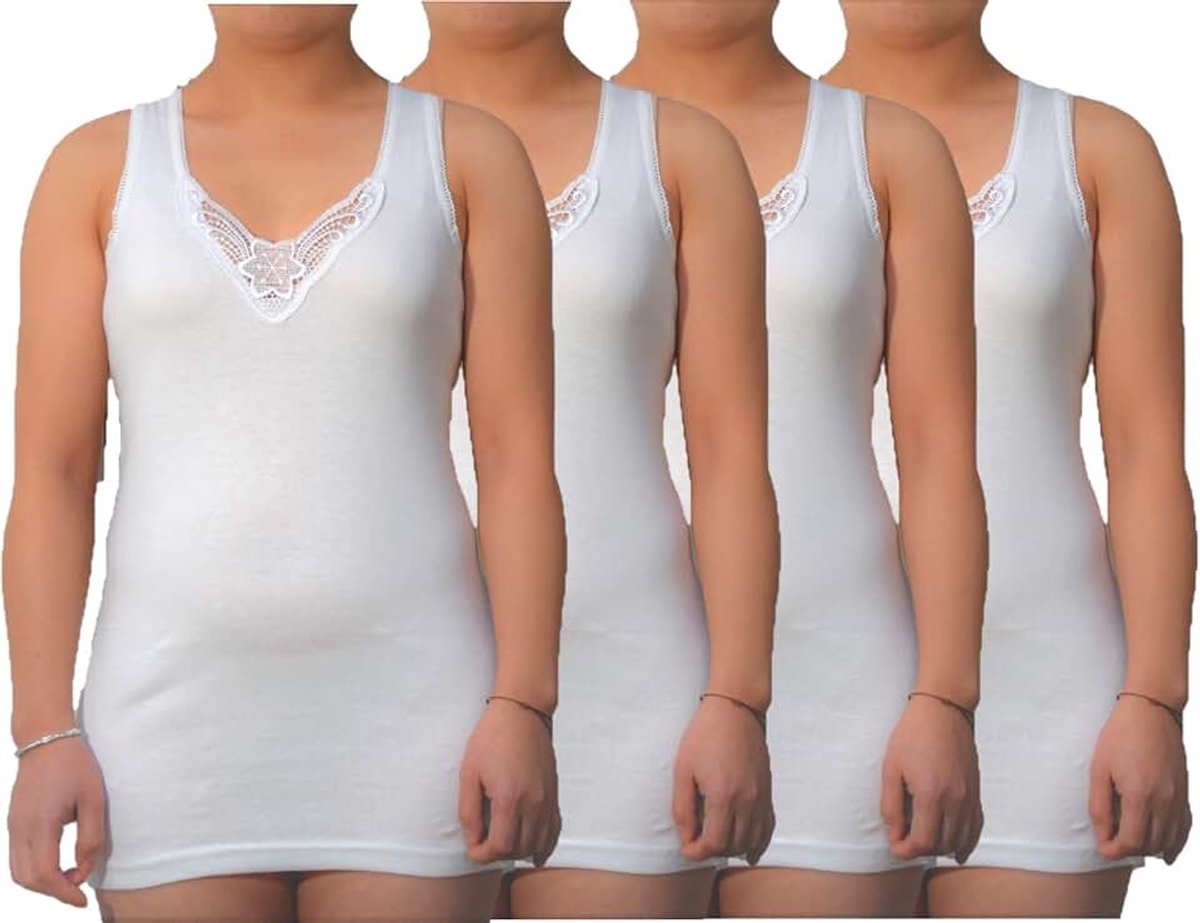 4 | 8 stuks dames onderhemden - tanktops in wit extra lang met mooie kant van 100% gekamd katoen zonder zijnaden - maten 36-38 tot 56-58