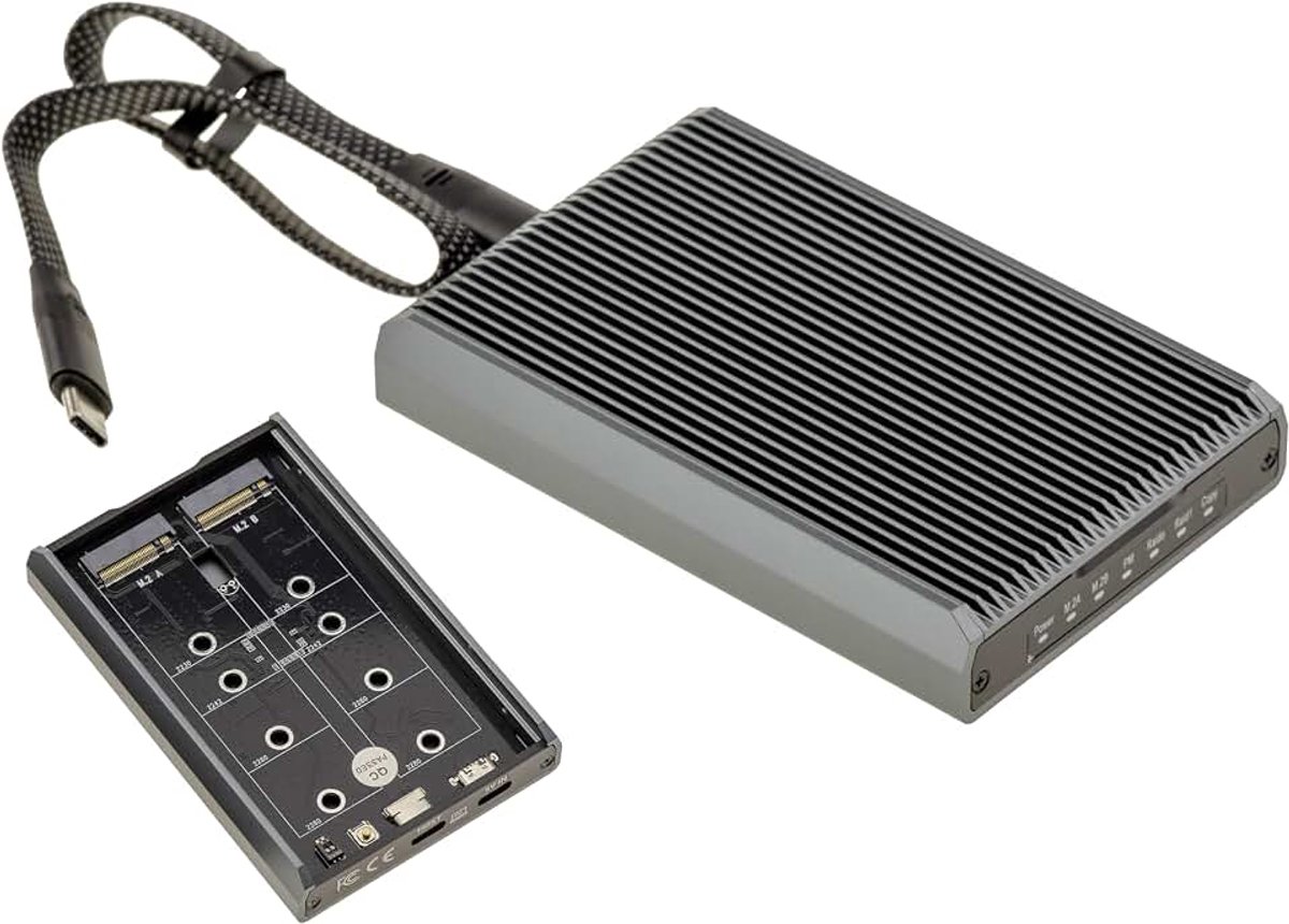 Aluminium RAID-behuizing en USB 3.2 20G-kloonstation voor 2 M.2 SSD's met dubbel protocol: M.2 NVMe en M.2 SATA. PM- of RAID 0/1-configuratie en klonen van de ene SSD naar de andere