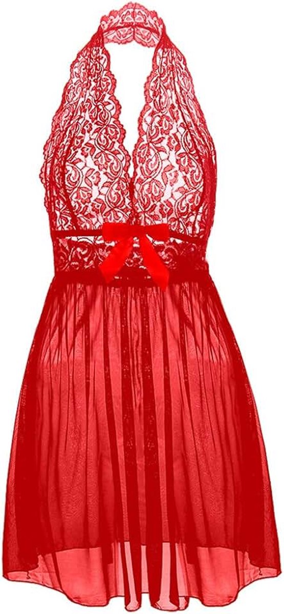 Lingeriesets voor dames, kanten jurk, nachthemd, negligé, sexy, transparant, lingeriesets, jurk, kant, sexy, nekhouder, babydolls met slipje, grote maten L-5XL, rood, 5XL