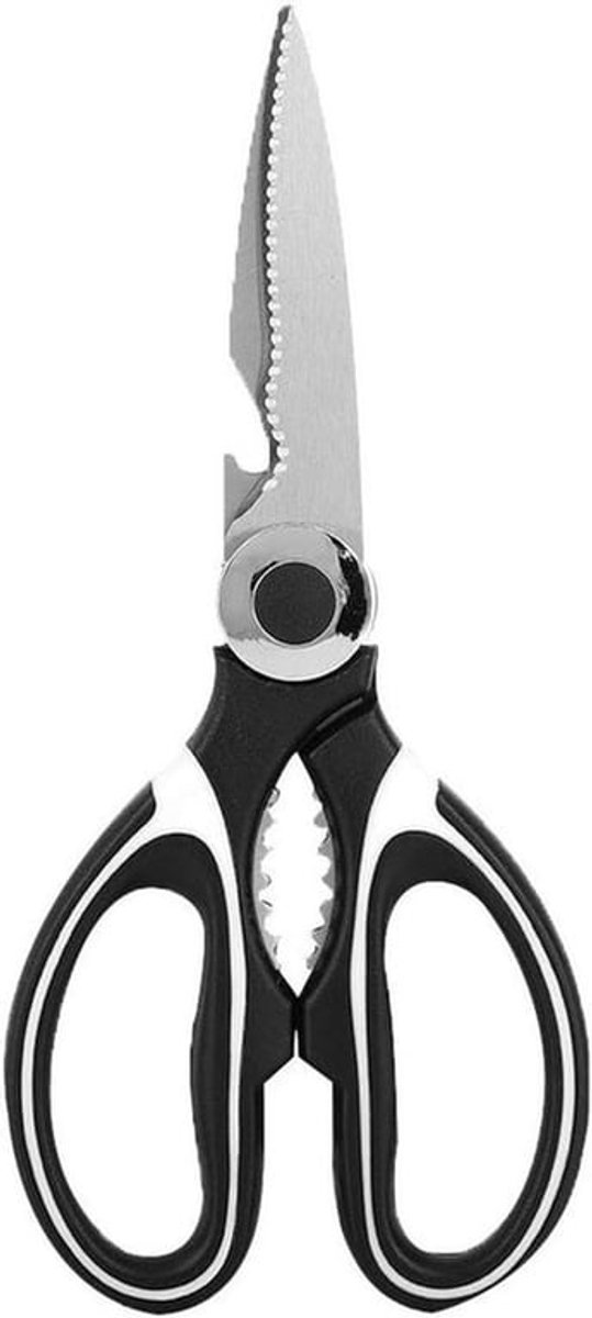 - Multifunctionele keukenschaar voor kip en vis - RVS - Ergonomisch handvat - Snijdt groenten en kruiden - Geschikt voor alle keukentaken - Zwart model met comfortabele grip.