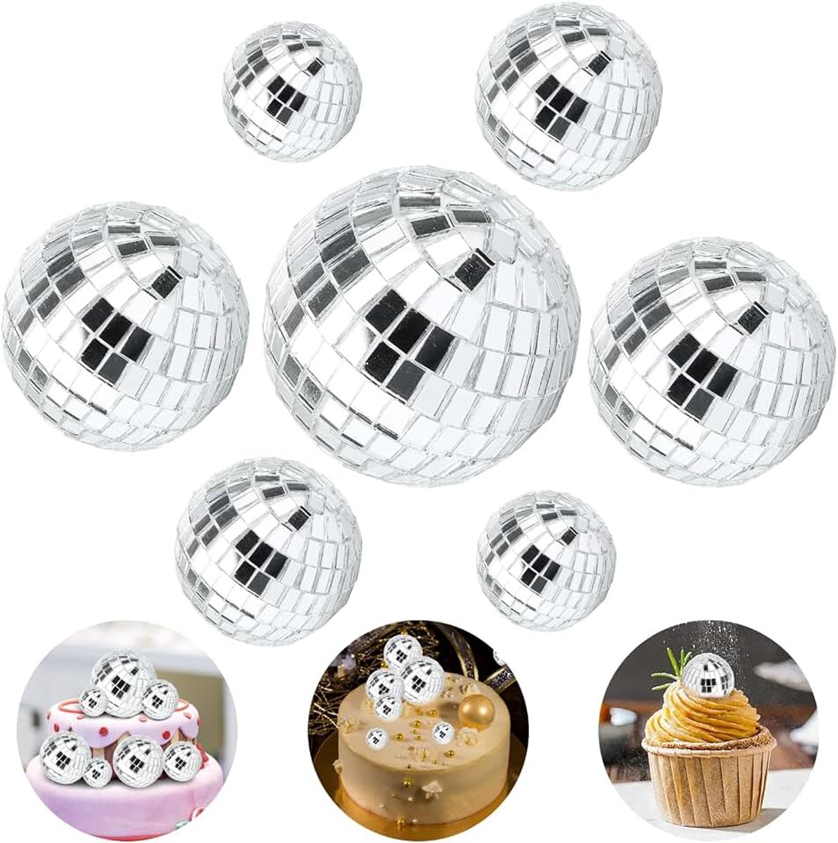 7 stuks discobal taartdecoratie taart disco bal party topper, spiegel disco bal zilver glas disco bal decor jaren 70 disco thema feest gunst verjaardag kerstbenodigdheden (4 maten)