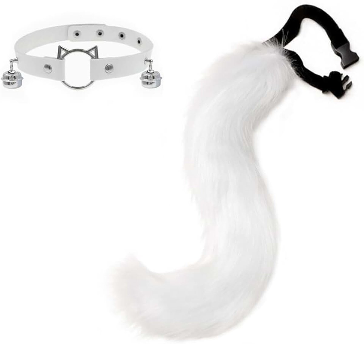 Vossenkostuum accessoireset, super enorme pluizige vossenbont staart vossenkraag met bel, verstelbare maat voor man vrouw, dierenkostuum voor cosplay kostuum feest (wit)