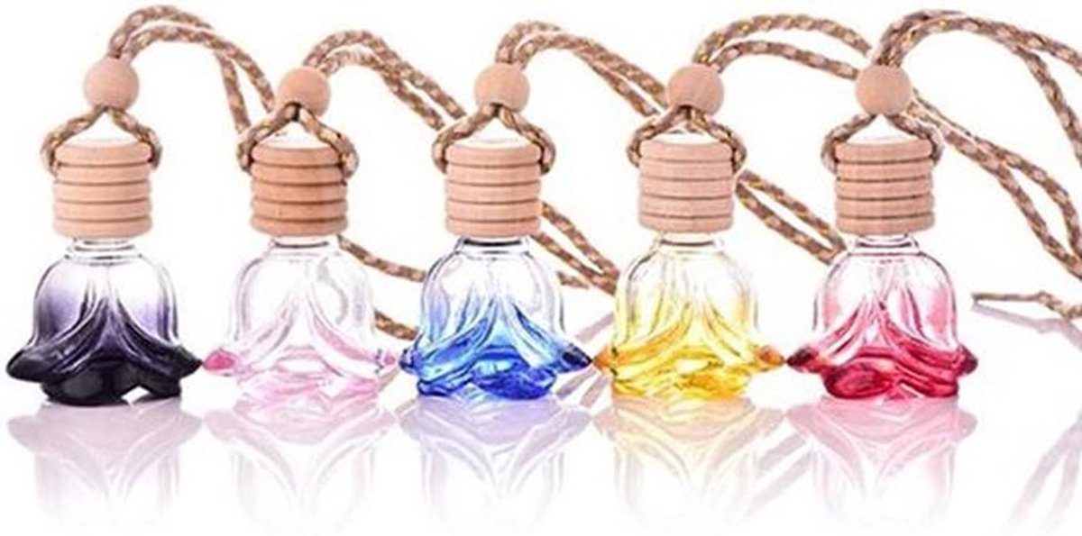 Luchtverfrisser - Auto - 5 Stuks - Rosebud Vorm - Parfum Fles - 8 ml - Glas Flessen - Geschikt voor Auto - Roze Model.