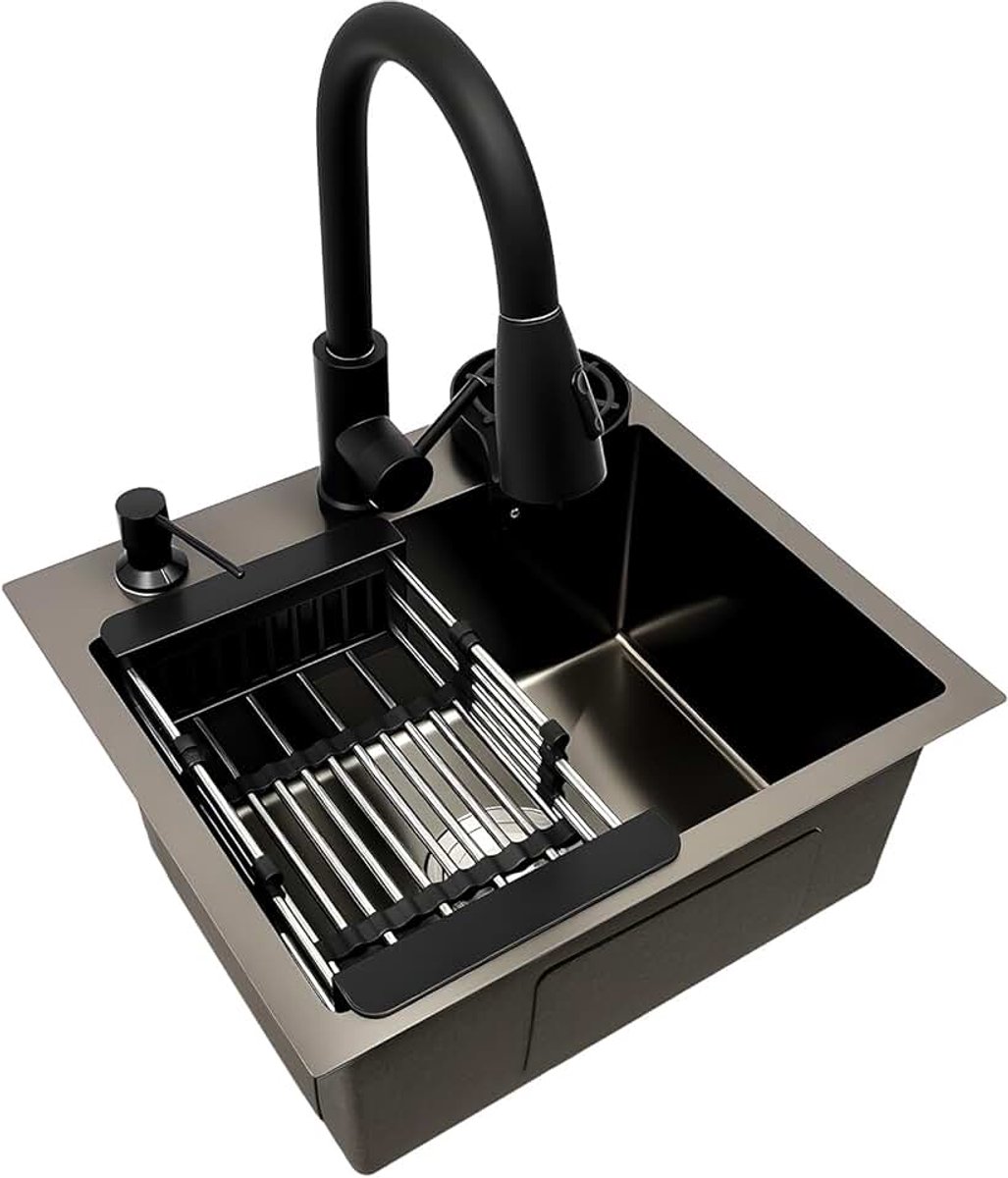 45 x 40 cm, inbouwwastafel, keuken, met 360° draaibare uittrekkraan, afdruipmand en zeepdispenser, spoelbak zwart, voor keukens, restaurants, cafés