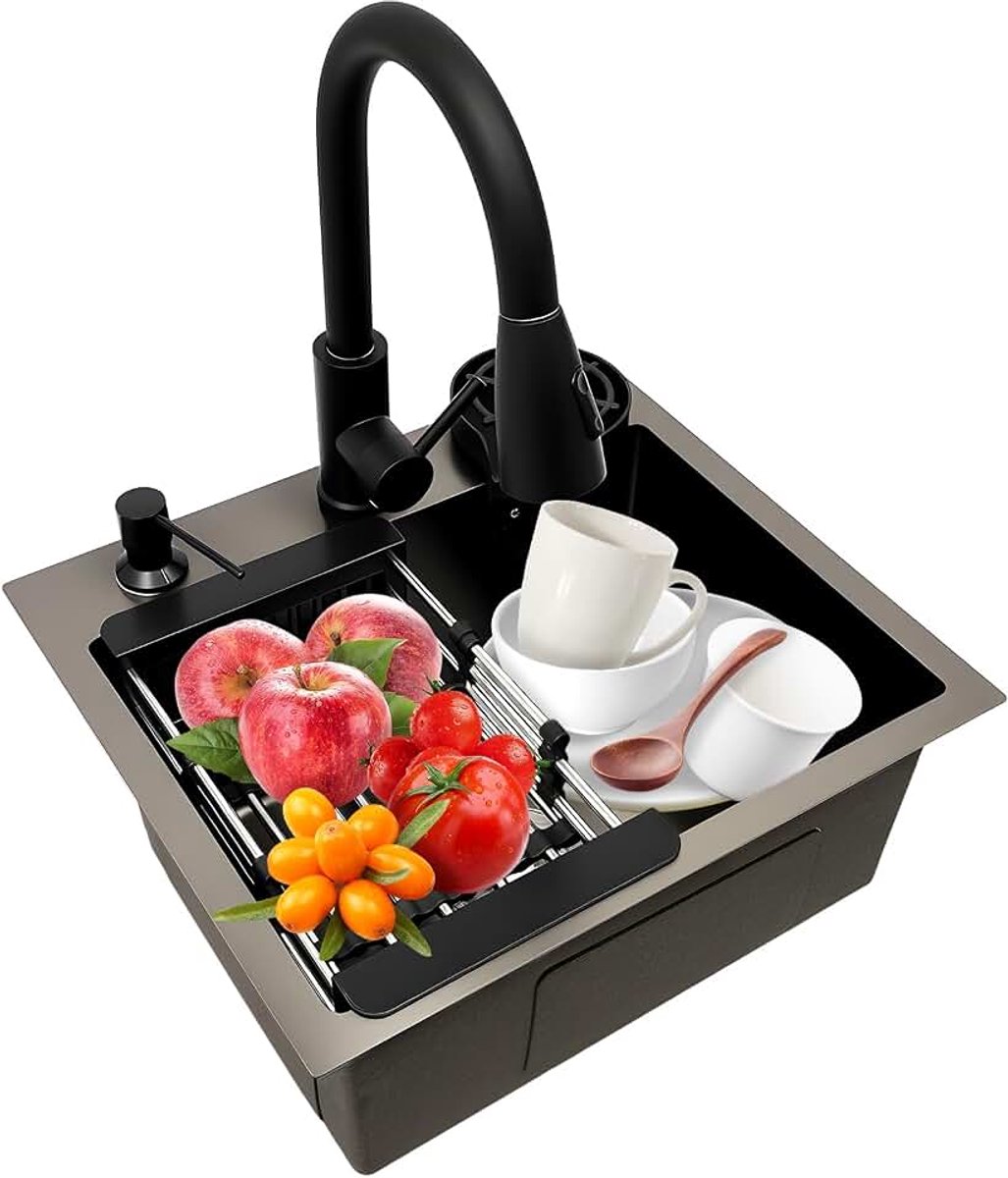 Spoelbak, 45 x 40 cm, multifunctionele keukenspoelbak met uittrekbare kraan, zeepdispenser, afdruipmand en kopjesspoeler