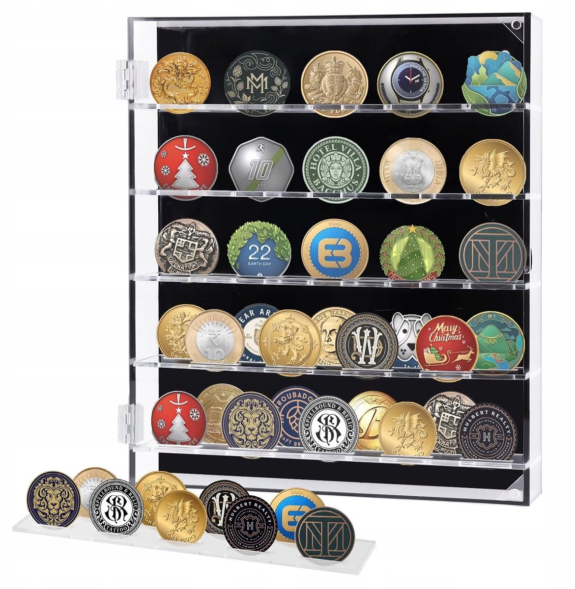 Vitrine voor Muntstukken - Badge Display Box - Wandkast met Magnetische Kastdeur - Badge Opbergdoos - 5 Planken - Acryl - 260x300x50 mm - Stofdicht - Wand en Bureau - Voor Badges & Muntstukken