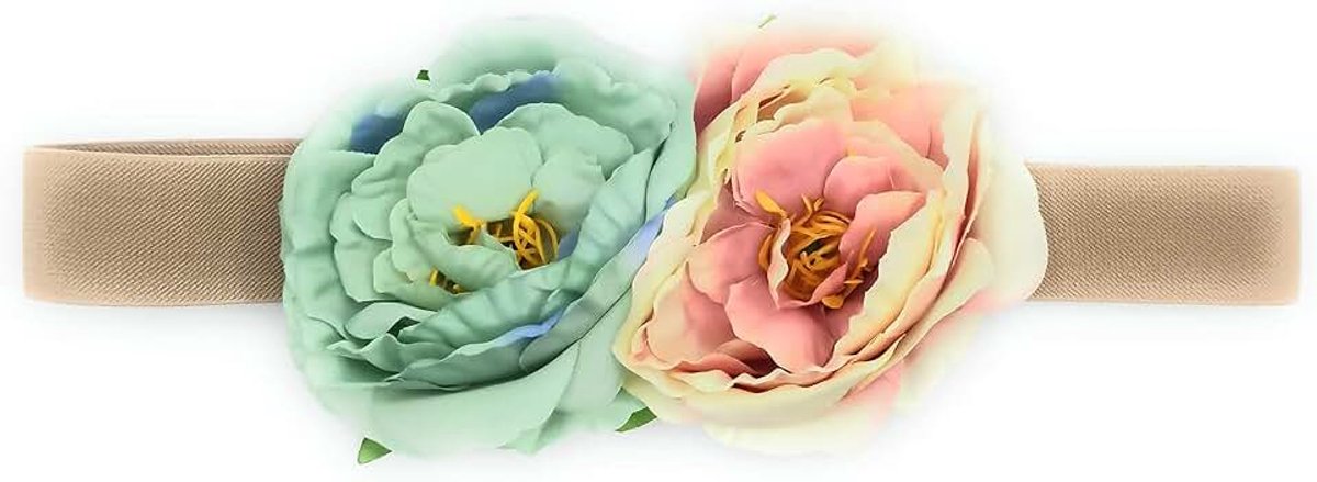 Bloemenriem voor damesjurken, elastisch, met kunstbloemen, Maxi bloemen Ø 10 cm - munt zalm, se estira hasta la talla 40-42