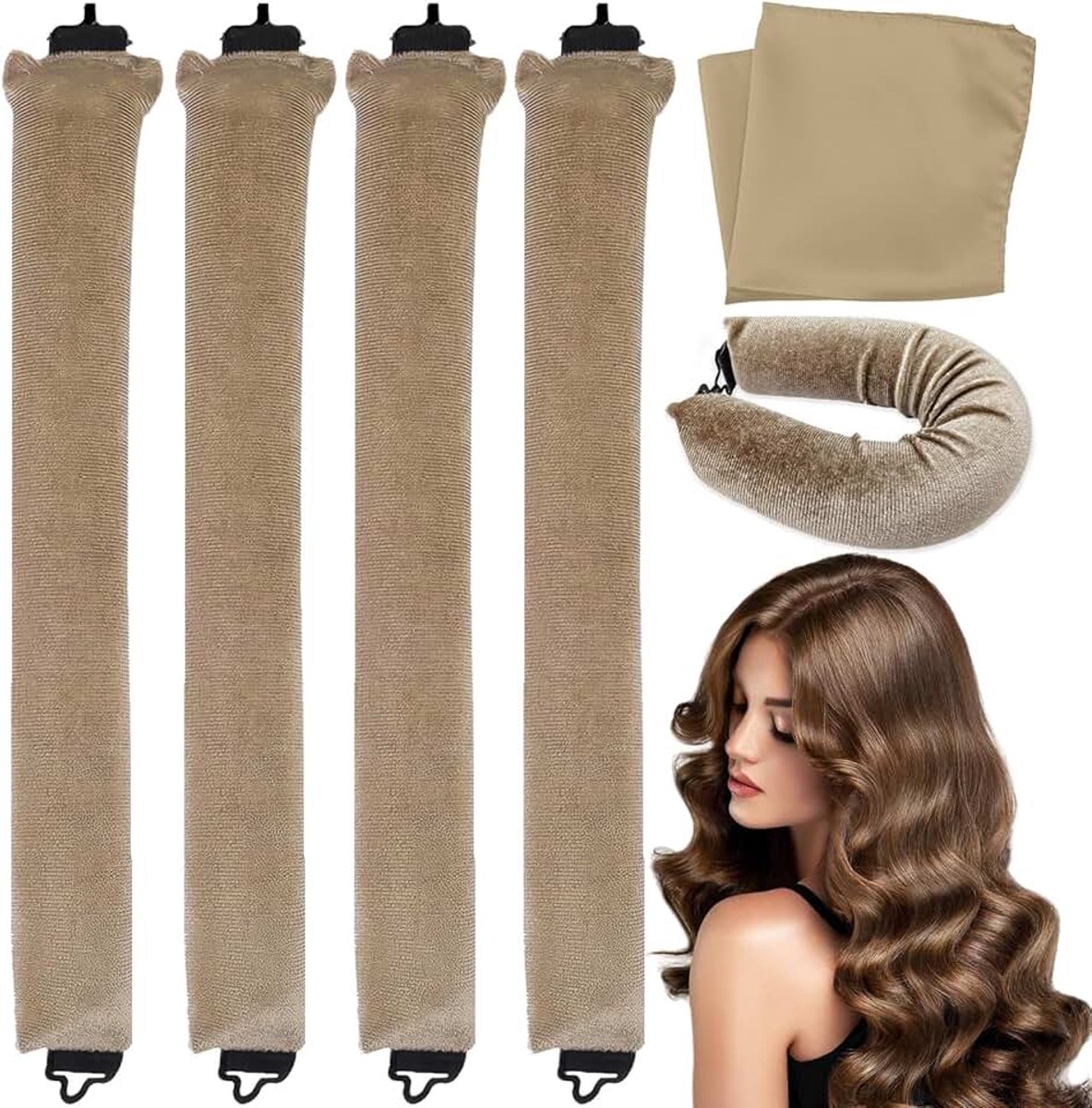4PCS Heatless Curlers, Haarrollers Heatless Curlers Hoofdband Haarkrullers met Vierkante Hoofddoek Geen Hitte Overnachting Krullen voor Lang Haar (Kaki)