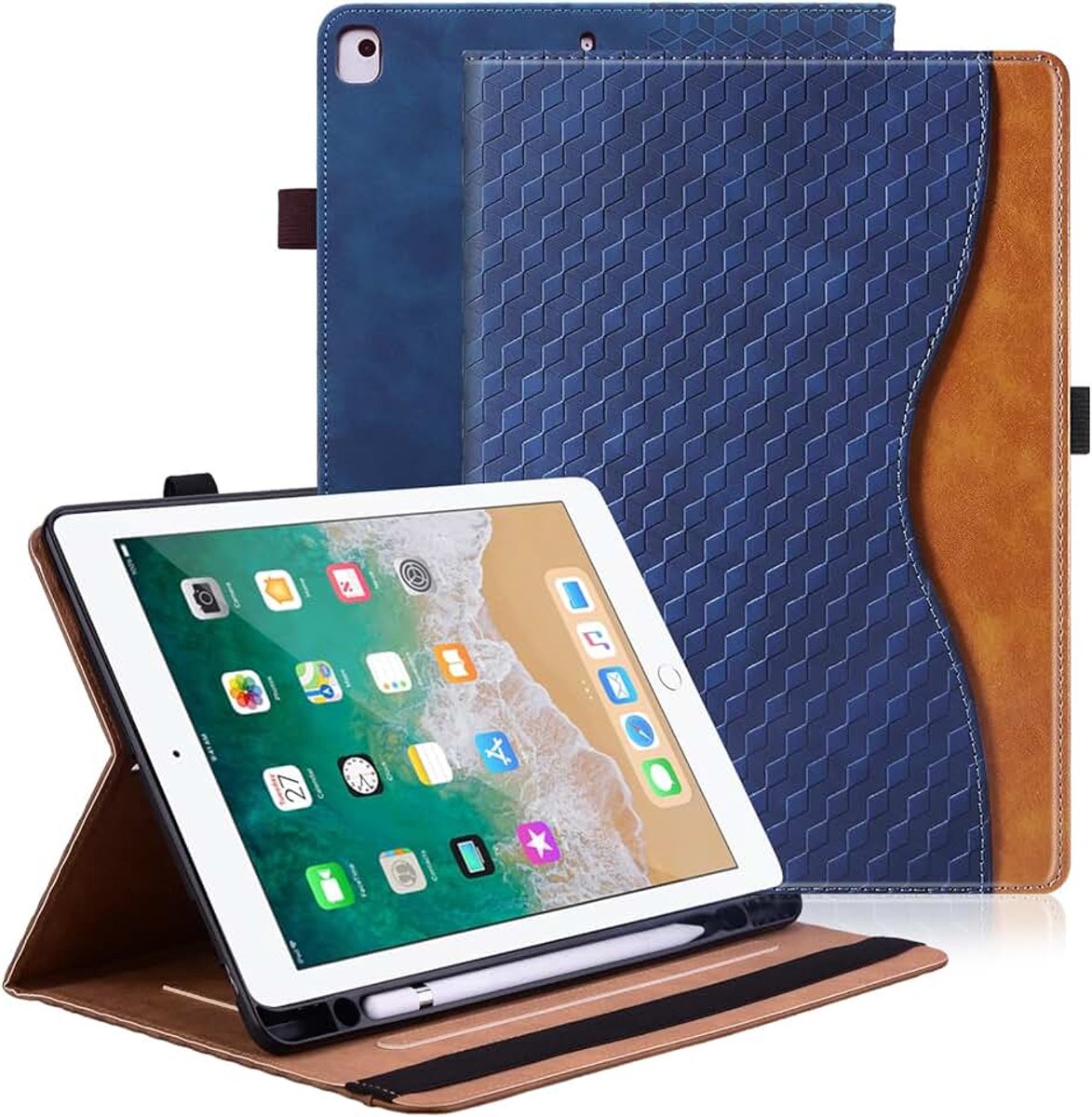 Hoes voor iPad 9e / 8e / 7e generatie met penhouder 25,6 cm 2021/2020/2019, 26,7 cm iPad Air 3/Pro 2017 lederen foliohoes met automatische slaap/waakfunctie, meervoudige hoekstandaard