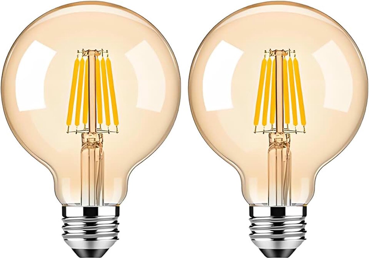 G80 LED bolvormige lamp, 6W gelijkwaardig aan 60W, 400 lumens 3000K amber licht, AD/AC 200V-240V, Ambergris glas, 360° straalhoek, niet dimbaar, 2 stuks