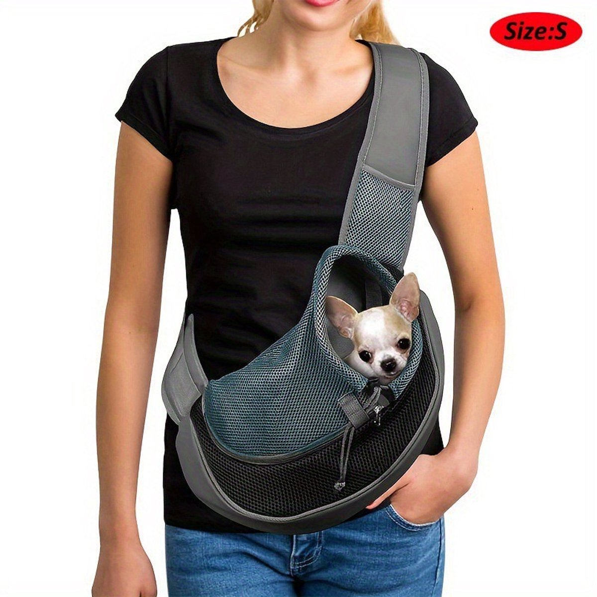 Draagzak voor huisdieren – Hondendraagzak – Zacht, ademend gaas – Verstelbare schouderband – Maat S – Geschikt voor katten/puppy's tot 2 kg – zwart