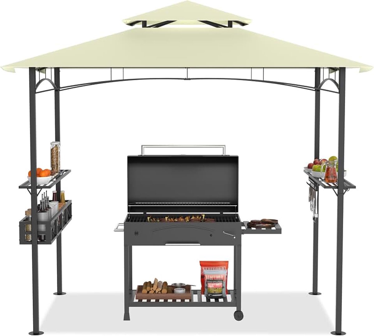 Grillpaviljoen 2,45 x 1,53 m, grillpaviljoen, partytent, dubbele verdiepingen beschermafdekking, grilltent, tuinpaviljoen, pergola met planken en opbergmanden voor feest, marktkramen, picknick