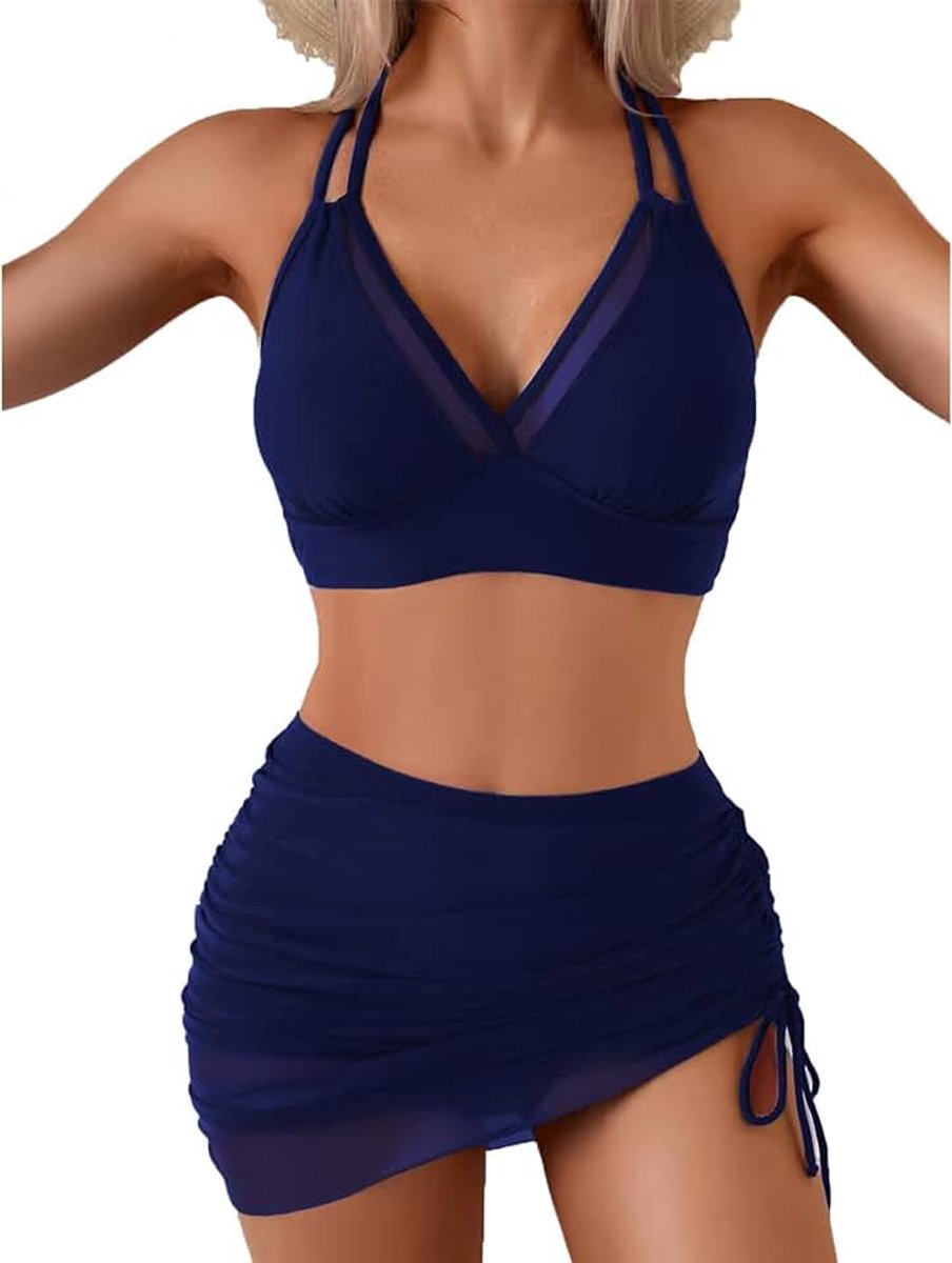 Bikini voor dames, met hoge taille, buikcontrole, zwemrok, tweedelig badpak, sexy met mesh-details