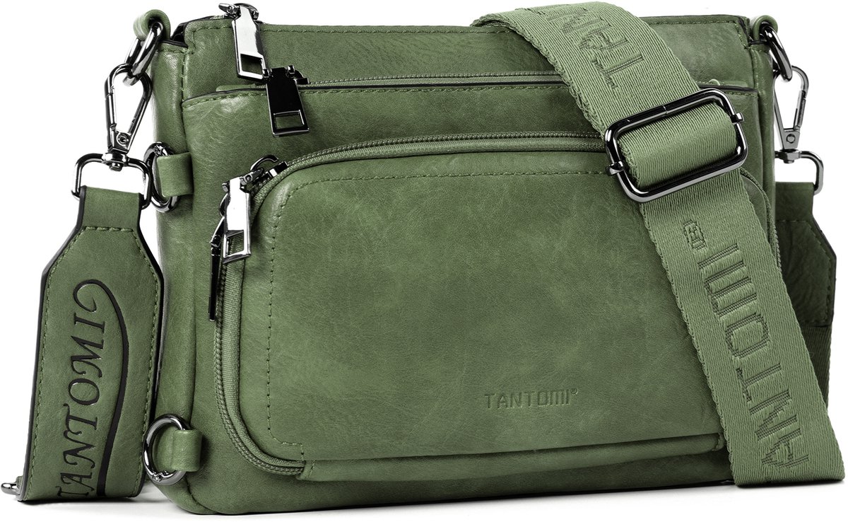 TANTOMI - Schoudertas dames - Crossbody tas - met met verstelbare en afneembare brede Schouderband - met meerdere ritsvakken - kleine schoudertas - Donkergroen