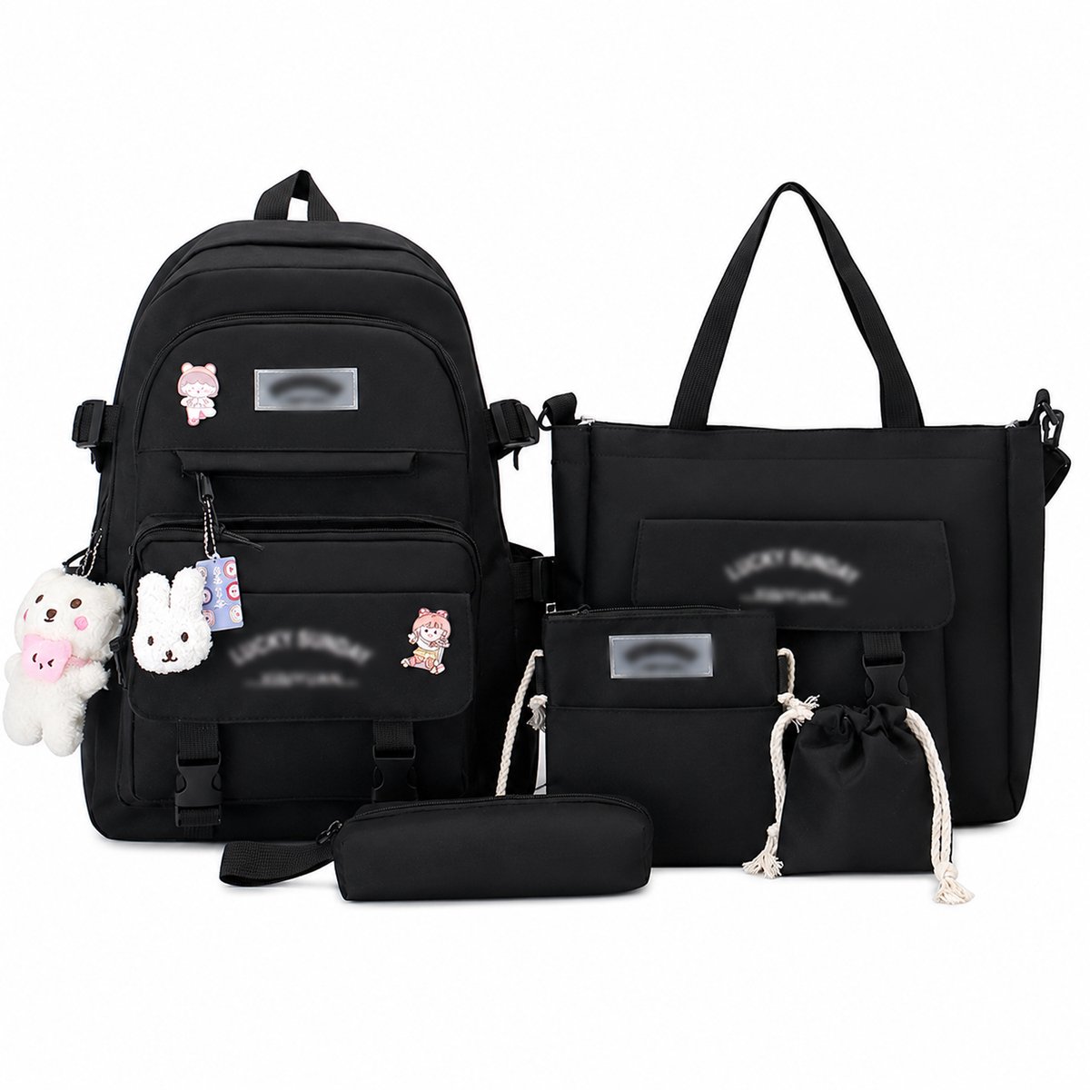 Schooltas - Rugzakset - 5 Delig - met Lunchtas, Pennenzak en Handtas - met Berenhanger en Patches - voor Tieners - Zwart