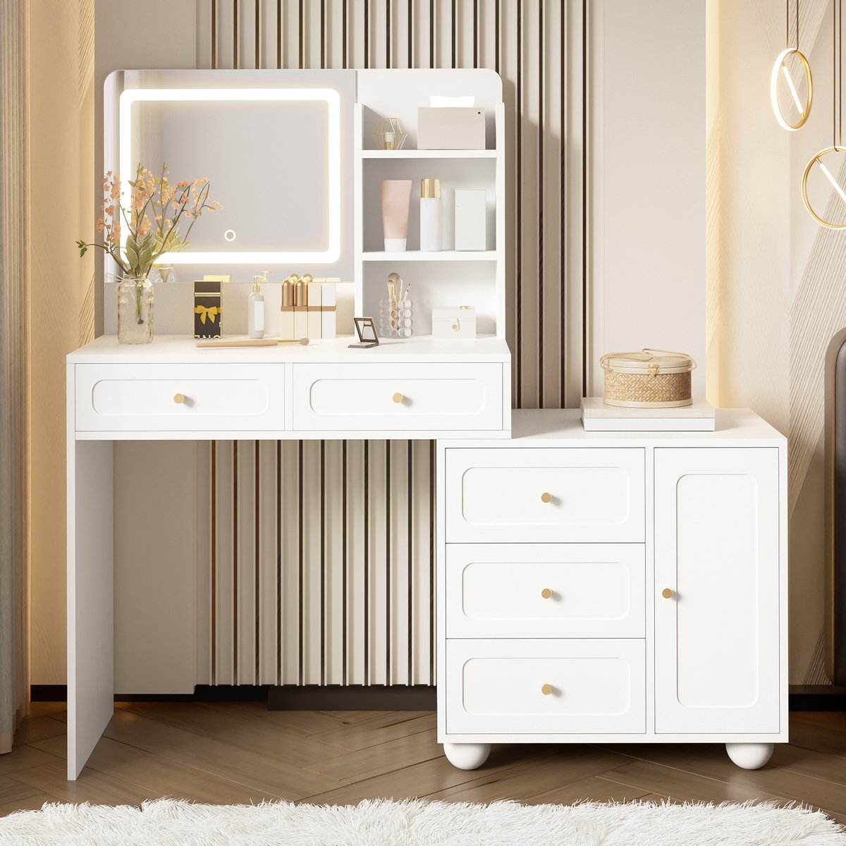 Intebiki kaptafel - Make Up Tafel - Spiegelmet LED-verlichting - 5 lades - 1 deur en 3 opbergvakken - 80×39.8×127 cm - Wit(zonder stoel)