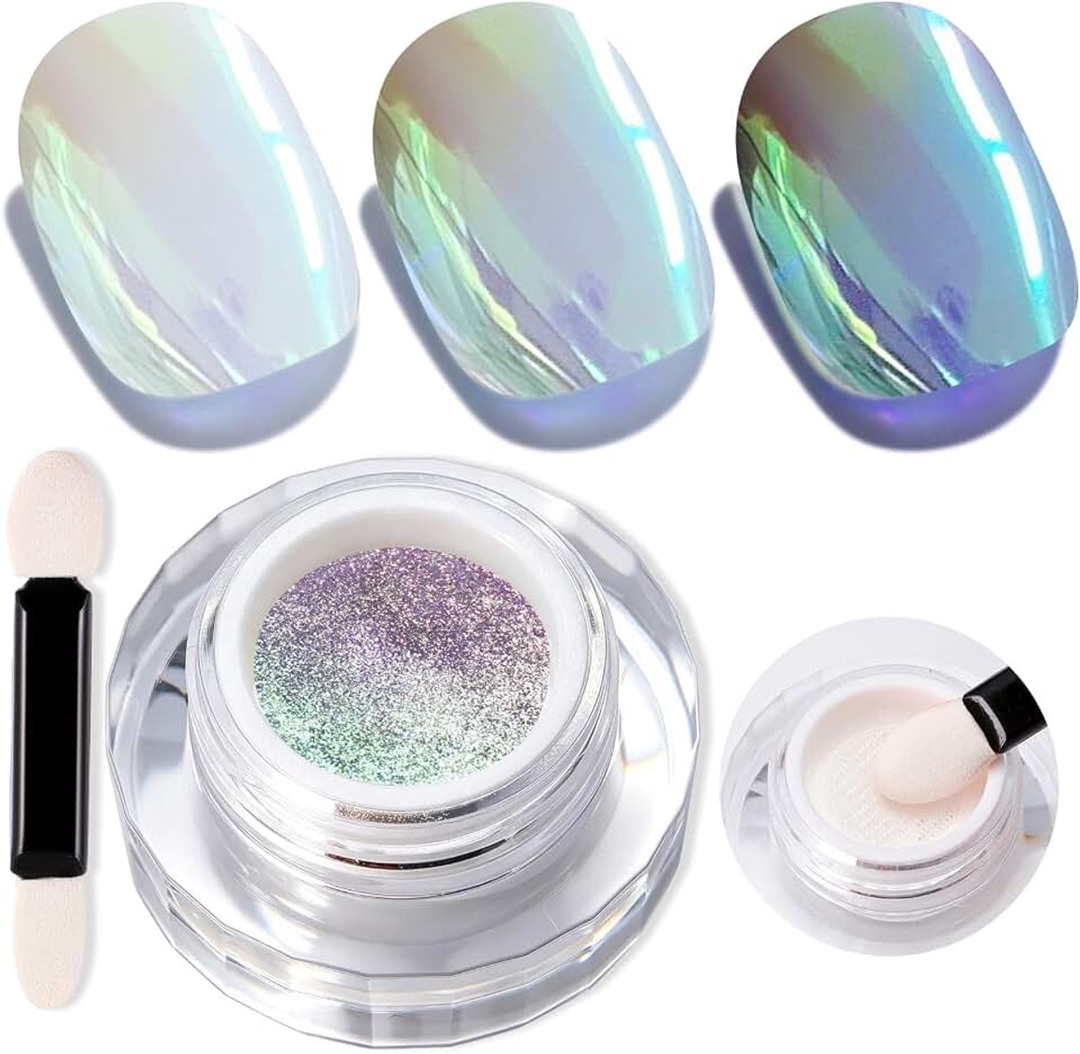Aurora Chrome Nail Powder, Holographic & Laser, WT21 | Holographic Chrome & Laser Nail Powder, Glitter Metallic Mirror Effect, Pearlescent Ice Mermaid Pigment, For Nail Art DIY