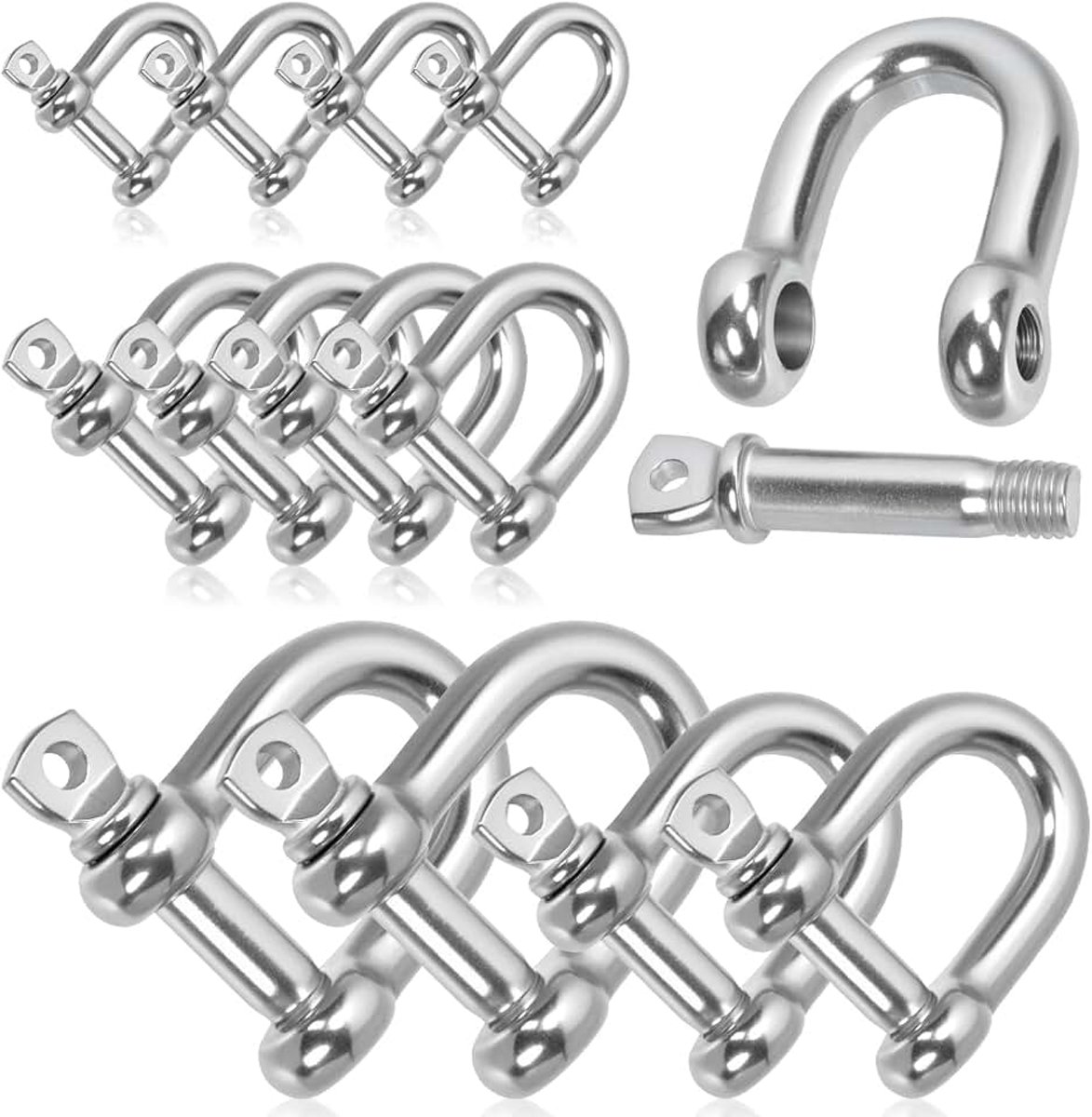 12pcs M4/6/8/10 roestvrij staal D-Shape Shackle, D-Shape Anchor Shackle, Heavy Duty D Shape Shackle voor schepen, huishoudens, vrachtbehandeling en landvervoer