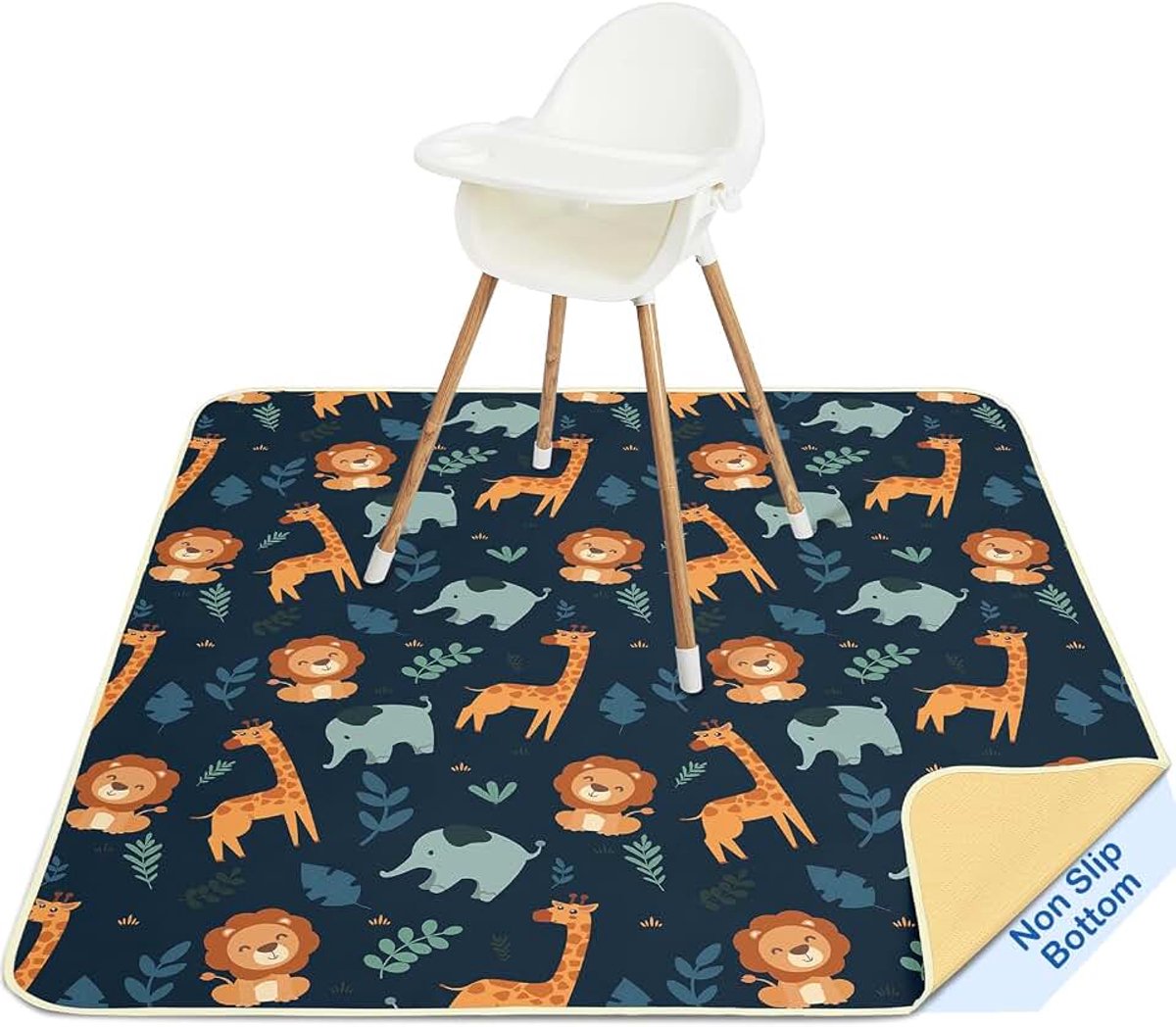 Castle Kinderstoelkussen 107x117cm,Waterdichte Wasbare Antislip Mat,Splash Mat Opvouwbaar en Draagbaar voor Maaltijden en Vloerbescherming,Dark Blue Giraffe