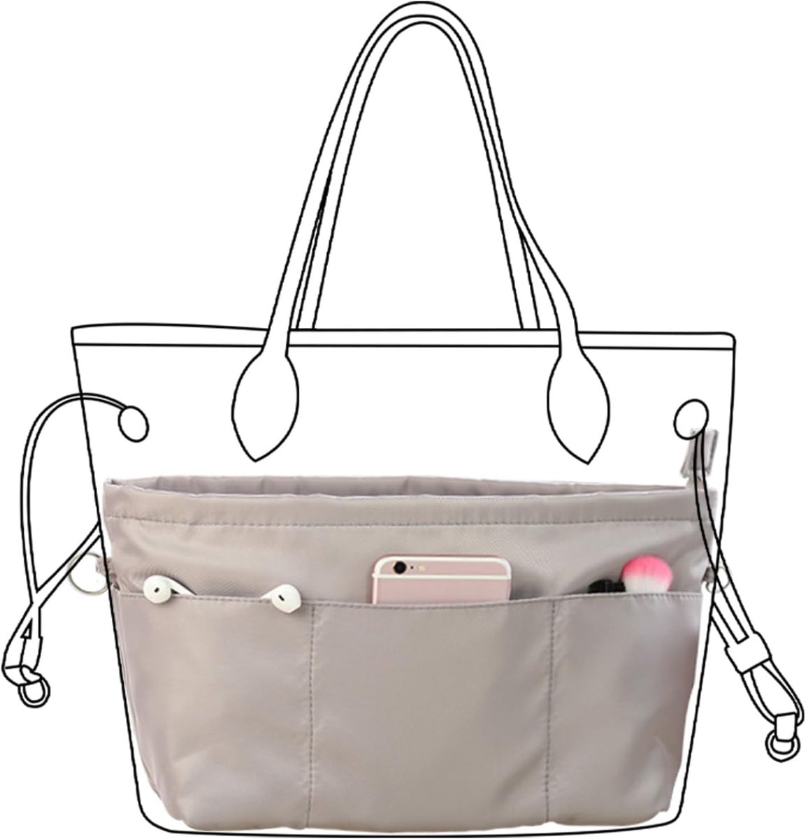 Handtas organizer – Nylon materiaal – Maat M – Grijs – Tote bag met insteekvakken – Make-up tas - draagbare organizer - opbergtas met binnenvak - 26x10x19cm