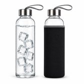 Glazen Drinkfles - Waterfles Glas - Drinkflessen - Waterflessen volwassenen - Met beschermhoes - 2 Stuks -500ML - Duurzaam - Lekvrij - Transparant