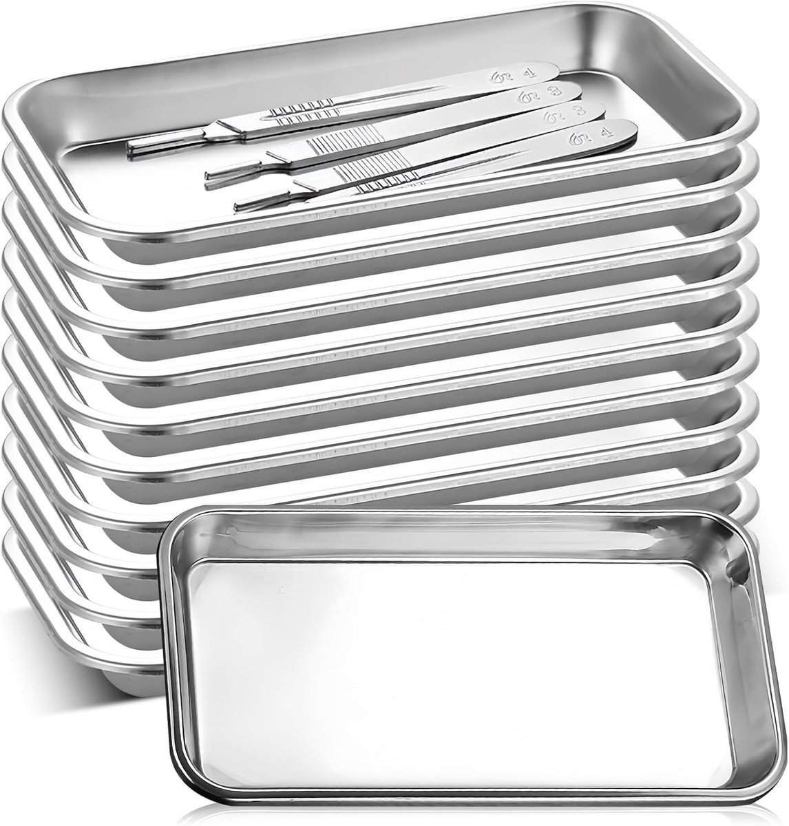 10 stuks instrumentendienblad, roestvrij stalen schaal, rechthoekig, laboratoriumdienblad voor laboratoriumserveerplaten, voor laboratoriumserveerplaten, tandheelkundige gereedschappen