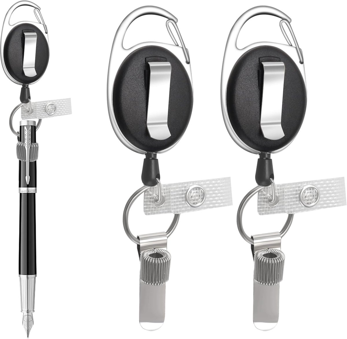 Pennenhouder, universele pennenlus met ID-kaarthouder en riemclip, robuuste penhouder om te trekken, metalen potloodhouder voor werknemers, verpleegsters, obers, 2 stuks