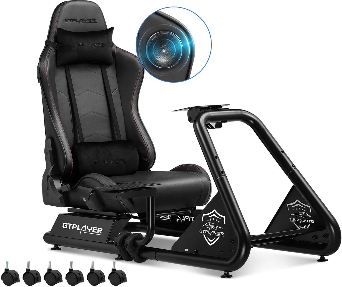 QUESTYR - Sim Racing Cockpit - Racesimulator - Stuurstandaard Met Luidsprekers - Stuurwiel & Pedaalplank - Zwart - Extra Kussen