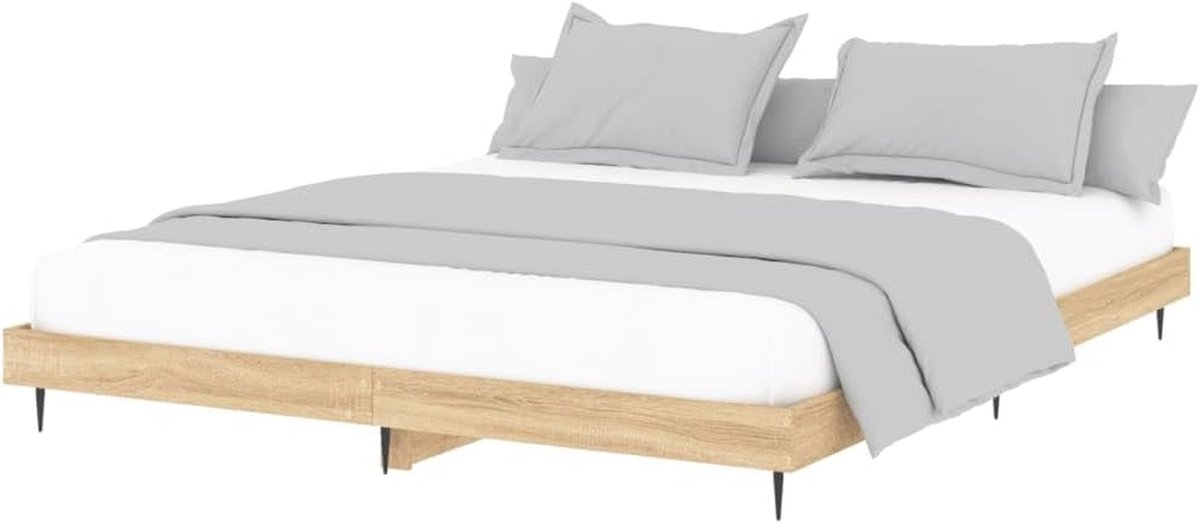 Bedframe Hout - Tweepersoonsbed - Goede Nachtrust - Met Metalen Poten - 140x200 cm - Sonoma Eiken