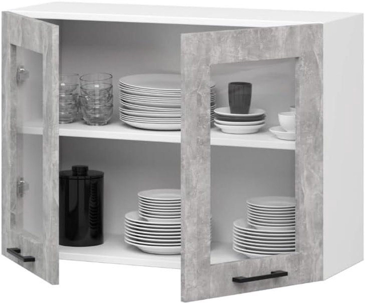 Keukenkast Hangend - Muurkast Keuken - Keuken Organiseren - Met Glazen Deur - 80x305x58cm - Wit/Beton